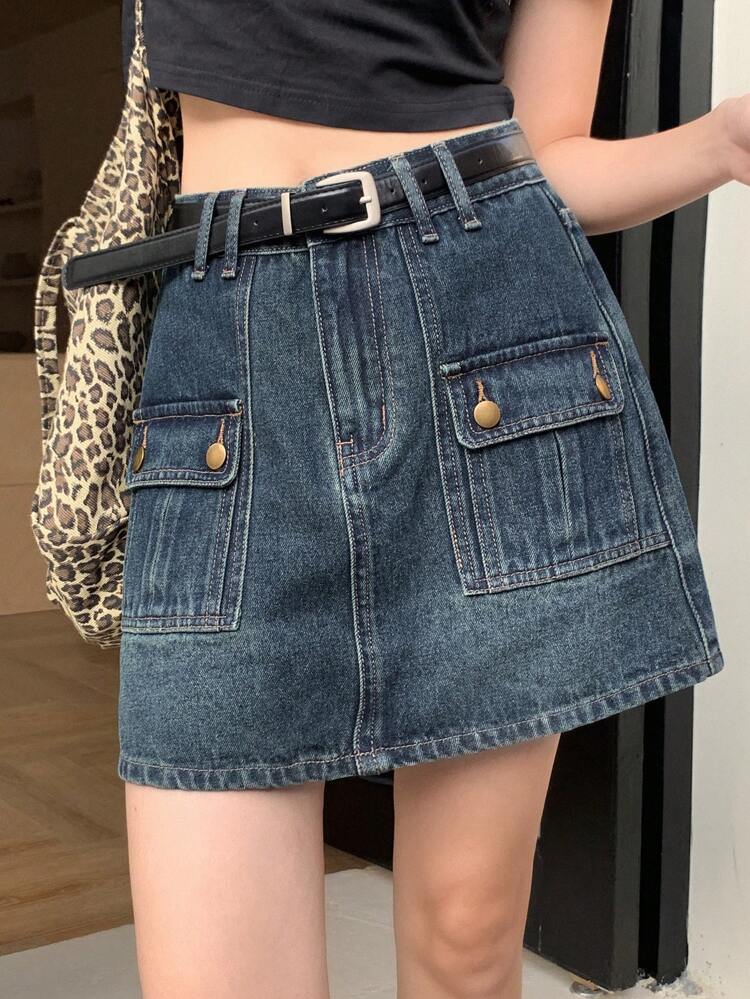 Women's Denim Cargo Pockets Short Casual Skirt Jeans Skirt