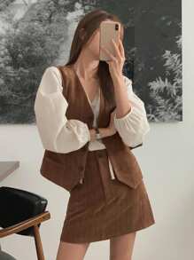 DAZY 2pcs Women Texture Fabric Waistcoat & Mini Skirt Set, Khaki, Spring/Summer/Autumn Lounge Sets For Women - Khaki - View 4