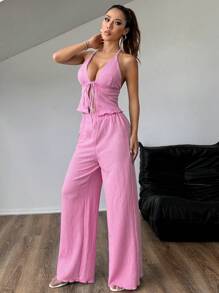 Chiquease Conjunto sexy de top halter plisado de tela texturizada y pantalones anchos de pierna ancha