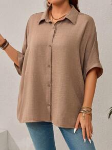 EMERY ROSE Damen Große Größen Einfarbiges Fledermaus-Ärmel Lässiges Hemd mit Einzelknopfverschluss, Urlaubsoutfit für Frauen, Sommerkleidung