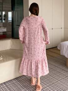 DAZY Women's Loose Ditsy Floral Raglan Sleeve Ruffle Trim Spring Nightgown Pajama - Pink - View 2