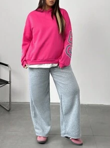 SHEIN Essnce 大码女式字母印花套头卫衣秋季款 - 玫紅色 - 查看 2