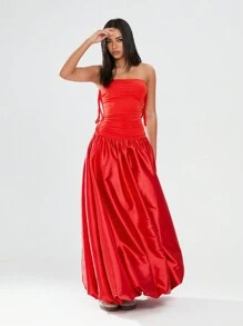 SHEIN Unity 1 件女士长款休闲红色鸡尾酒会连衣裙，细肩带，简约腰部低腰百搭连衣裙，适合日常、休闲、性感情人节 - 紅色 - 查看 6