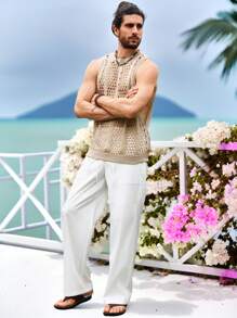 Manfinity Fever City Men's Vacation Casual Solid Color Sleeveless Hollow Out Knit Top - Apricot - View 3