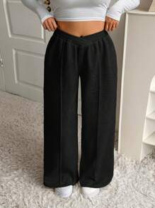 SHEIN EZwear Große Größen V-Taille Weit Geschnittene Lässig Zuhause Jogginghose, Herbst/Winter, Schwarz - Schwarz - Übersicht 3