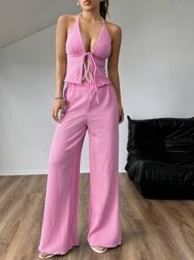 Chiquease Conjunto sexy de top halter plisado de tela texturizada y pantalones anchos de pierna ancha
