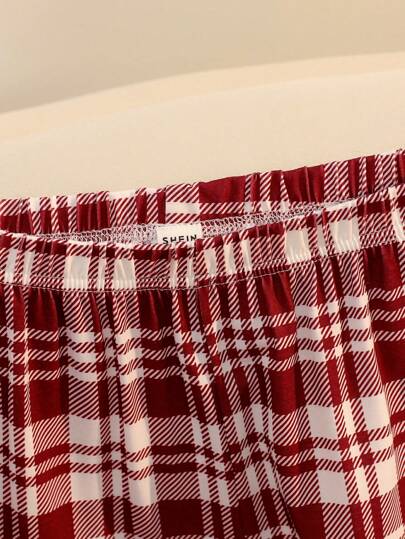 Explorewe Cozy Set Teenage Girls, Includes Bloemen Print Round Neck Long Sleeve Top Plaid Pants, able Com Tafel view 3