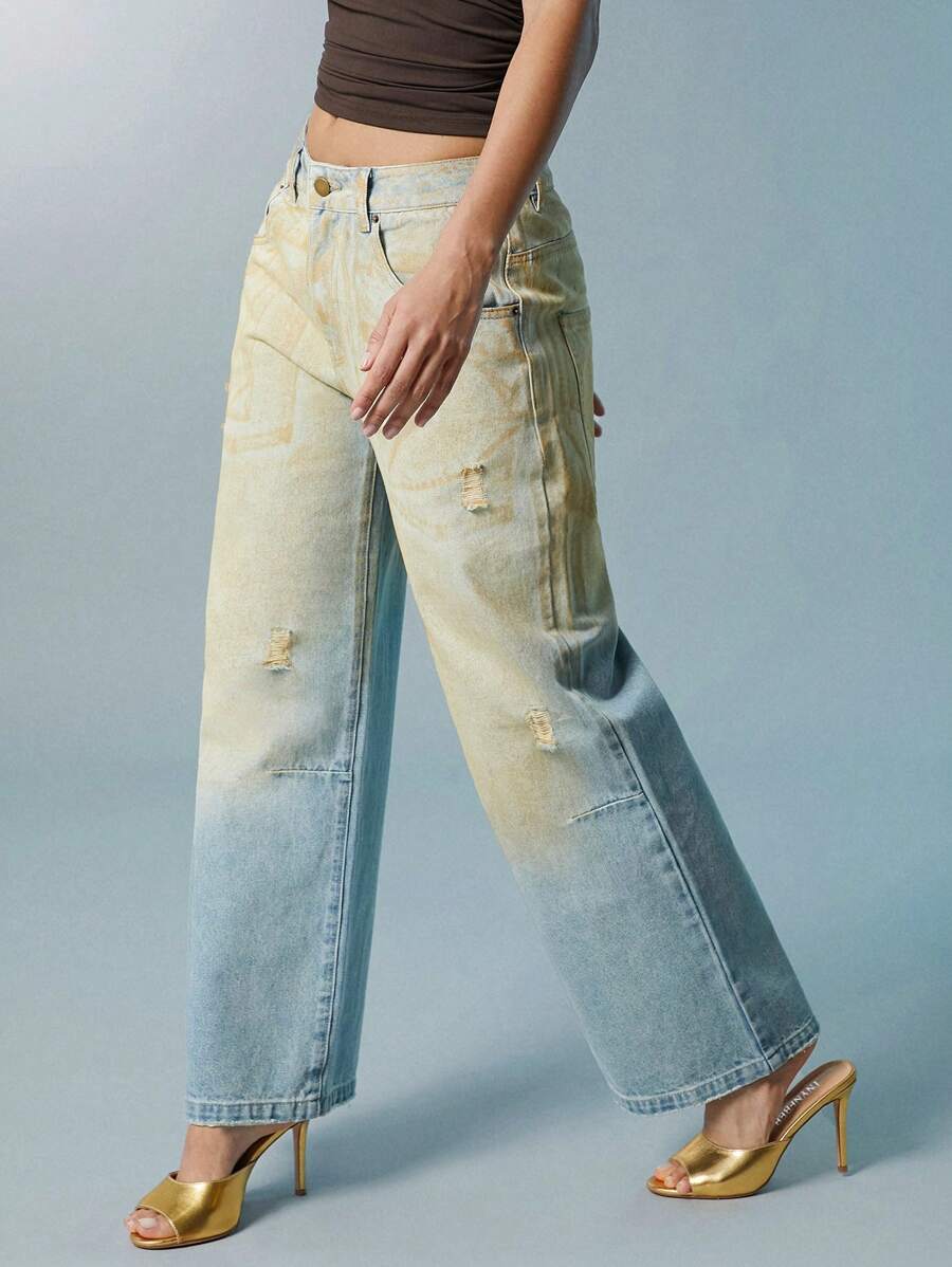 Denimoi Casual Washed Gradient Low Waist Wide Leg Jeans - Multicolor - View 1