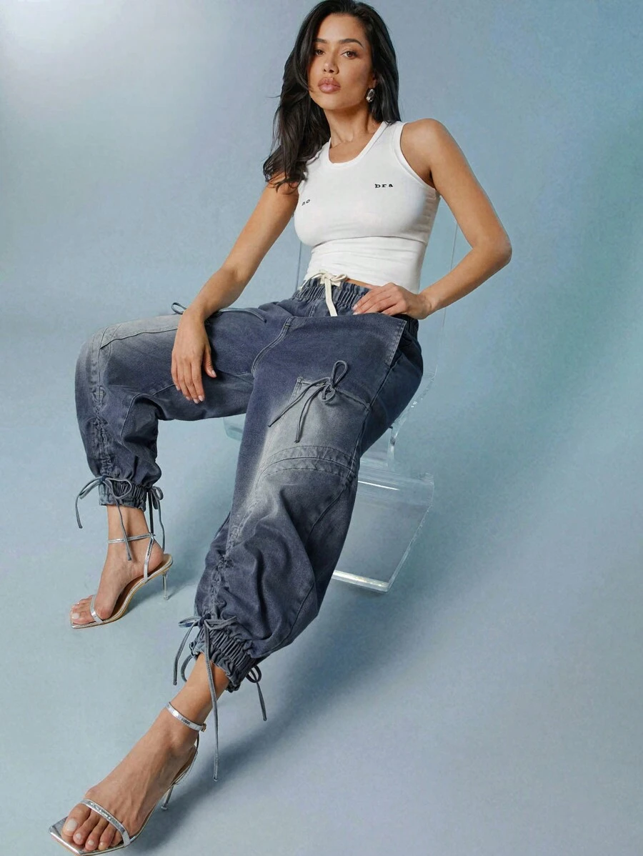 Denimoi Fashion Bleashed Adjustable Drawstring Cargo Jeans - Medium Wash - View 1