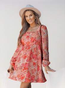 SHEIN LUNE Women Floral Print Square Neck Casual Short Dress,Vacation Dresses - Multicolor - View 7