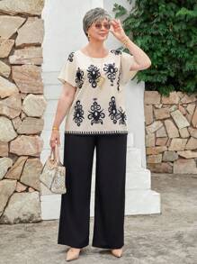 EMERY ROSE Plus Size Casual Vintage Print Batwing Top And Pants 2 Pieces Set - Black and White - View 6