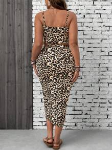 SHEIN VCAY Conjunto de 2 peças de camisola com estampa de leopardo e saia com fenda tamanho grande para férias - Damasco - Ver 2