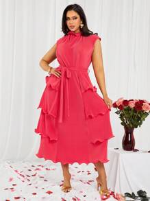 SHEIN SXY Vestido de línea A de talla grande con cuello alto, volantes y encaje en color rojo rosa para el Día de San Valentín, apropiado para uso diario, vacaciones, playa, cita, fiesta de cumpleaños, fiesta de despedida de soltera, fiesta, baile, cita en pareja, elegante, casual, compras, uso diario, al aire libre, coqueto, fácil de combinar y estiliza la figura.