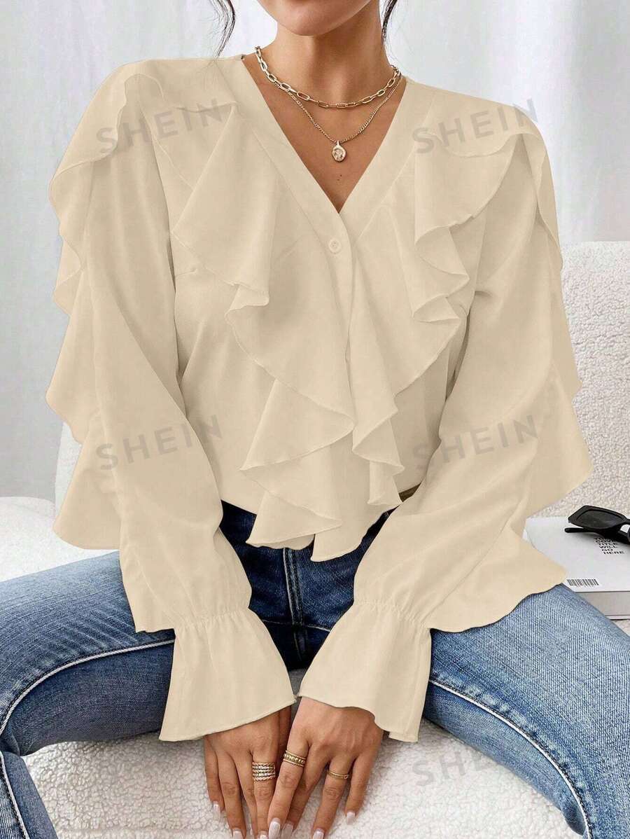 SHEIN Clasi Blusa elegante de mujer con cuello y puños volados de unicolor