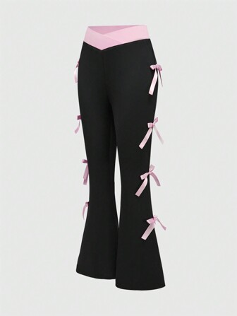 Y2K Inspired Sweet & Spicy Color Blocked Bowknot Decorated Super Low Waist Flare Pants