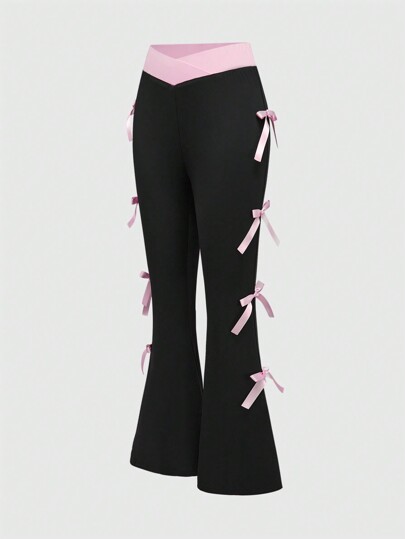 Pantalon évasé taille super basse avec bloquage de couleurs doux et épicé, décoré d'un nœud papillon, inspiré du style Y2K