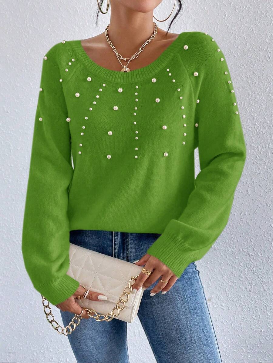 SHEIN Unity Women Casual Beaded Raglan Sleeve Sweater, Autumn/Winter Knit Pullover Fall Sweater - Green - View 1