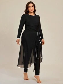 3pcs/Set Plus Size Contrast Binding Long Sleeve Top, Pants And Cover-Up Skirt, For Summer Beach Vacation