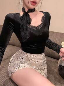 DAZY 女士修身蕾丝拼布T恤，春夏新品，秋季女装