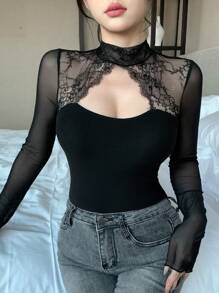 DAZY ملابس علوية نسائية بربطة خلفية من الدانتيل والتصميم المفرغ، مناسبة لعيد الحب، بأكمام طويلة، ملابس علوية خروج للنساء - الأسود - مشاهدة 8