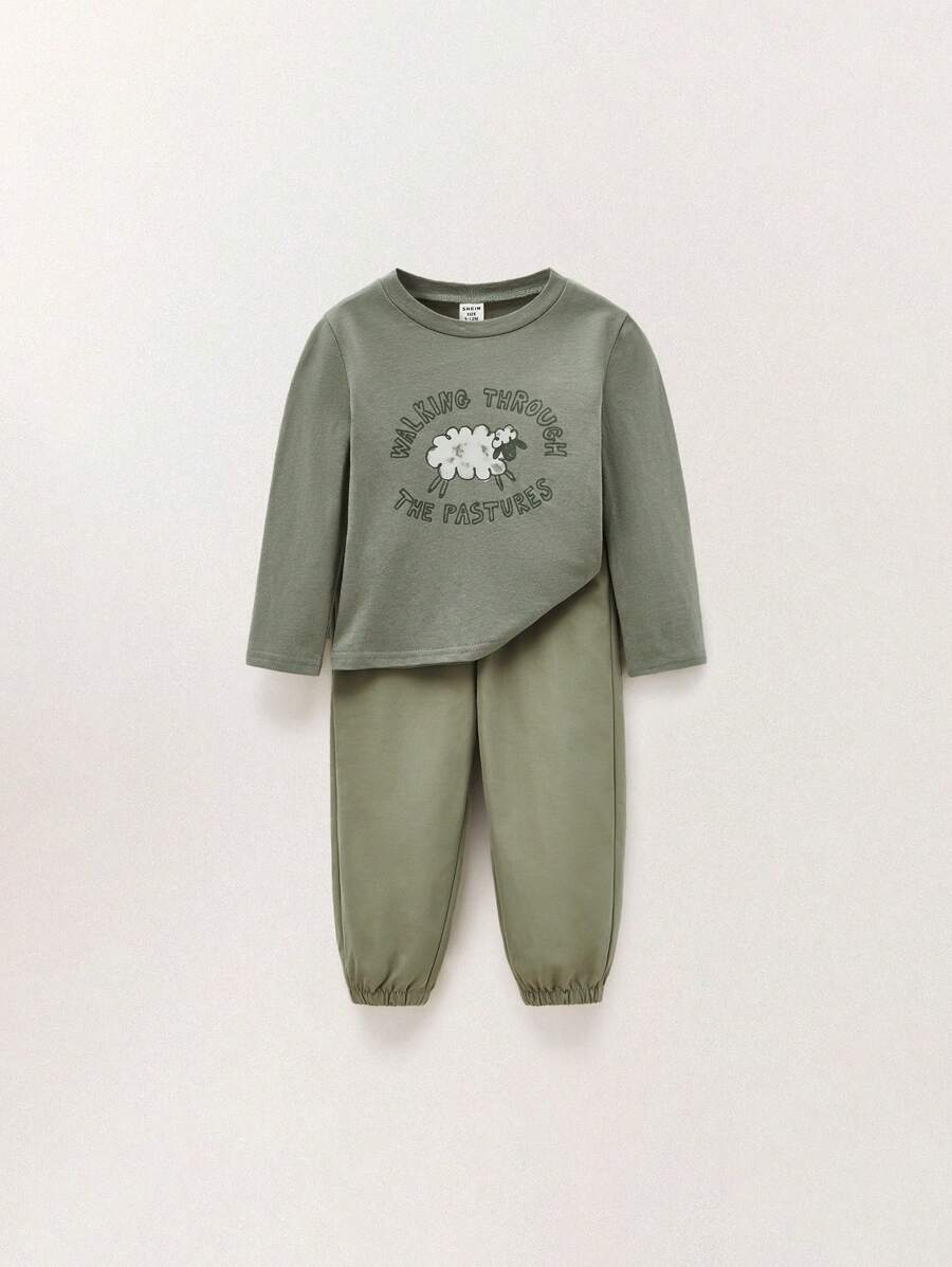 THE HAPPY LOOK Baby Jungen Set einfarbiges Langarm T-Shirt, Hose - Grün - Übersicht 1