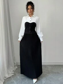 Chiquease Conjunto de 2 piezas de blusa ajustada con bloques de color elegante y falda con dobladillo plisado para mujer, para otoño