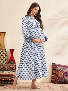 SHEIN 孕妇休闲连衣裙，简约时尚，适合日常穿着 - 藍色 - 查看 5