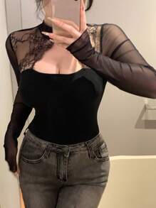 DAZY ملابس علوية نسائية بربطة خلفية من الدانتيل والتصميم المفرغ، مناسبة لعيد الحب، بأكمام طويلة، ملابس علوية خروج للنساء - الأسود - مشاهدة 6