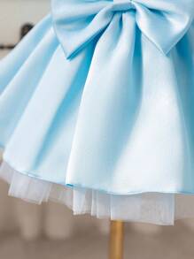 Glamorique Kids Váy công chúa lưới in hình ông già Noel màu trắng dự tiệc Giáng sinh cho bé gái, Váy phù dâu cưới màu trắng thanh lịch có nơ lớn đính cườm thủ công, Váy công chúa dự tiệc sinh nhật - Màu xanh lam - Xem 4