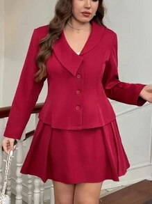 SHEIN Privé Conjunto de 2 piezas para mujer talla grande elegante: Chaqueta de manga larga con un solo botón de unicolor y falda midi, ideal para otoño y el Día de San Valentín