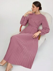 Modelyn 女士优雅纯色灯笼袖系腰褶边朴素长袖连衣裙，春夏长款晚礼服 - 粉色 - 查看 3