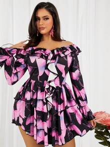 SHEIN SXY Vestido plus size feminino com estampa de flores para o dia dos namorados, costas nuas, renda, babados, decorado, fluido, linha A, manga longa, adequado para uso diário, férias, praia, festa na praia, noite de encontro, aniversário, festa de despedida de solteira, dança, encontro de casal, elegante, casual, compras, moda de rua, ao ar livre, sedutor, fácil de combinar e fica esbelto, realça sua figura, realça seu corpo - Multicolorido - Ver 6