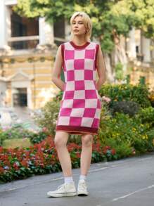 Skyraze Casual Pink Plaid Sleeveless Sweater Dress - Pink - View 4