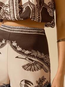 CAJUNI Women's Boho Tropical Bird & Plant Print Casual Vacation Summer Beach Apricot Shorts