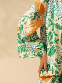 Kimono casual de manga larga con estampado tropical de leopardo y árbol de coco, perfecto para vacaciones - Multicolor - Ver 5