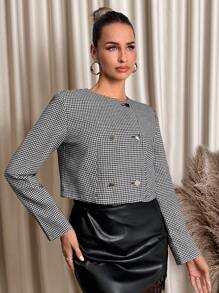 SHEIN Clasi Chaqueta ligera corta de mujer, manga larga, con estampado de pata de gallo en blanco y negro con botón metálico, para otoño/invierno
