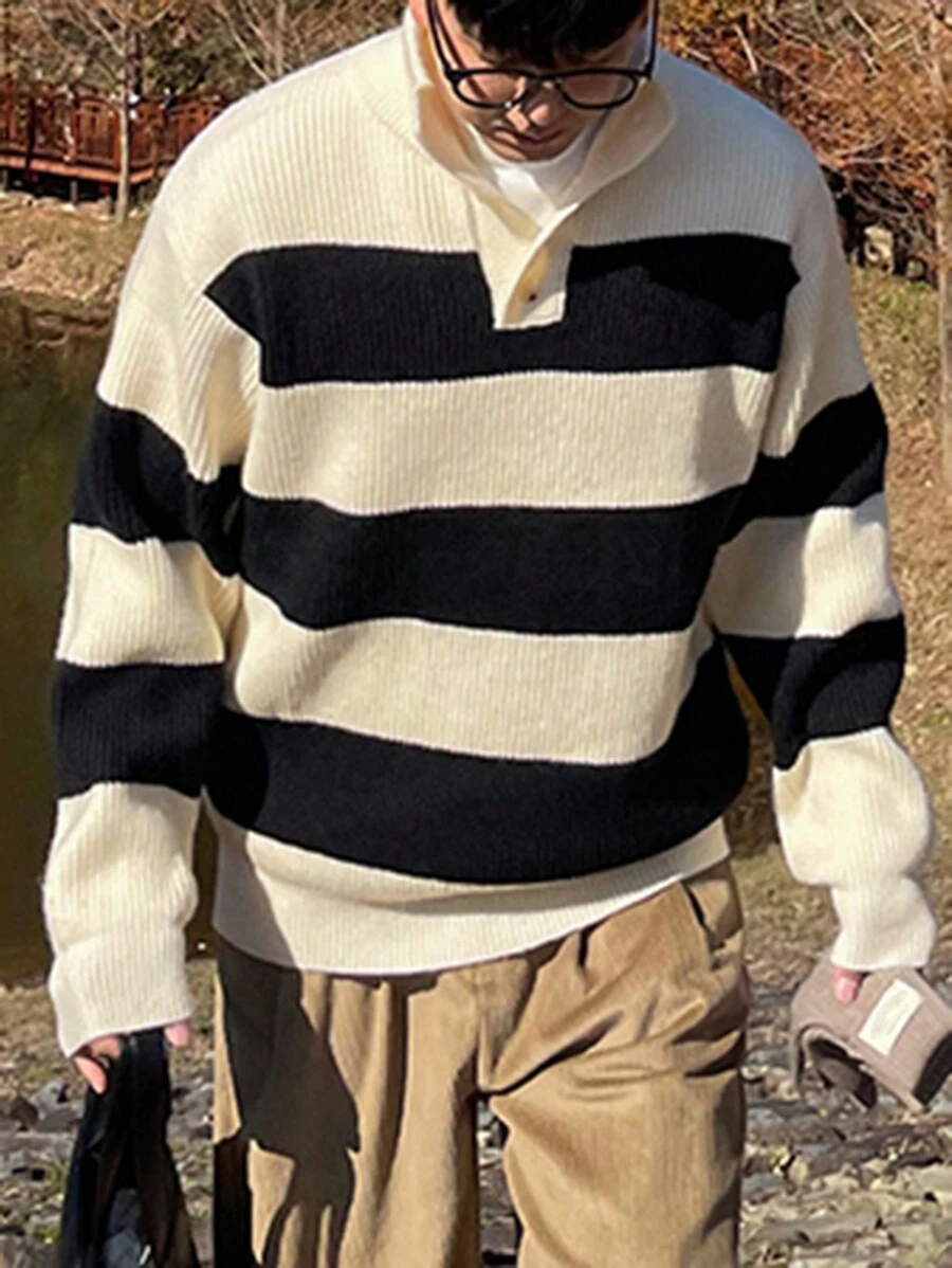 DAZY Men's Casual Contrast Color Stripe Knit Sweater, Autumn/Winter - Black and White - View 1