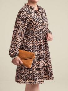 Plus Size Women's Printed Long Sleeve Dress, Spring/Summer - Khaki - View 4