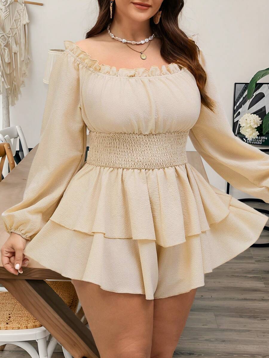 SHEIN VCAY Plus Size Apricot Square Neck Ruffle Hem Multi-Layer Hem A-Line Waist Casual Jumpsuit, Suitable For Valentine's Day - Apricot - View 1