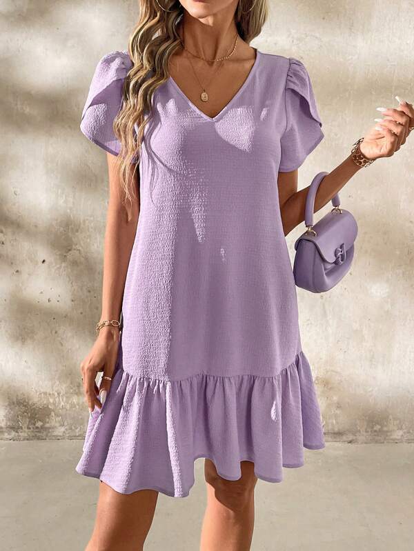 SHEIN Clasi Women's Elegant Textured Purple V-Neck Floral Petal Sleeve Ruffle Hem Short Dress, Spring/Summer,Lavender Dress