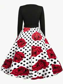SHEIN Clasi Vestido midi de línea A con estampado de lunares y flores, mangas abullonadas, elegante y vintage, tallas grandes para mujeres, perfecto para el Día de San Valentín