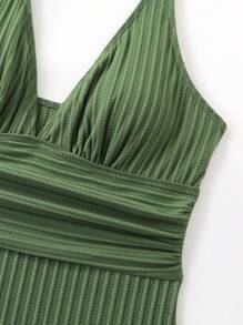 Swim Oasis 加大码 2 件套纯色 V 领吊带背心，条纹印花和系带长款罩衫裙，女士夏季休闲沙滩泳衣