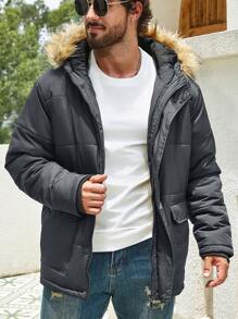 Manfinity Homme 大码男式翻盖口袋毛绒装饰连帽宽松冬季大衣 - 深灰色 - 查看 5