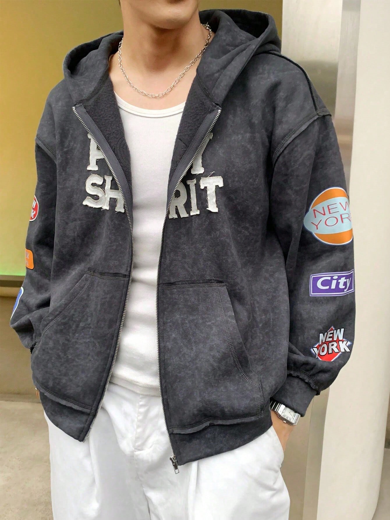 Manfinity Dauomo Men Front Zip Long Sleeve Graphic Detail Minimalist Casual Hoodie