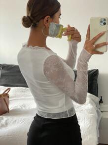 DAZY Solid Color Fitted Long Sleeve Contrast Lace Bowknot Blouse For Women, Spring/Summer Sheer,Fall Clothes - White - View 2