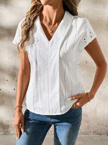 SHEIN Clasi Elegant Women's White Three-Dimensional Embroidered V-Neck Shoulder Repair Blouse, Suitable For Various Occasions, Spring And Summer Blouse - White - View 5