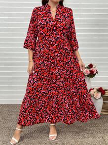 SHEIN LUNE Plus Size Bohemian Leaf Print Layered Babydoll Dress, Casual Vacation Long Dress For Summer Long Dress/Valentine's Day - Black - View 5