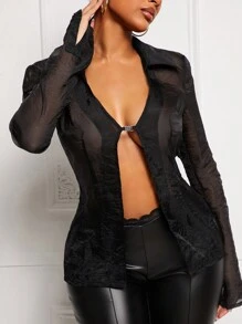 SHEIN SXY 女士时尚性感透明长袖衬衫，黑色长袖上衣， - 黑色 - 查看 2