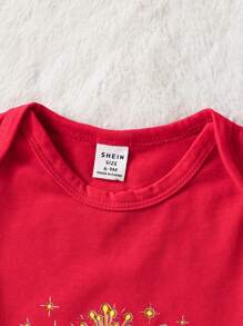 SHEIN 2 peças Macacão de manga comprida com babados para meninas, casual, elegante, versátil, fofo, ano 2025, feliz ano novo, letras e números, estampado, com faixa na cabeça, adequado para ano novo, sessão de fotos, reunião de família, festa, festival