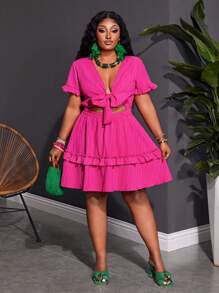 Slaydiva Vestido mini ajustado y sexy de color fucsia sólido con detalle de volantes, lazo en el pecho, bajo en línea A, tela de textura tejida, para uso casual, vacaciones, tallas grandes - Verano - Rosa Fucsia - Ver 7